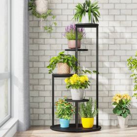 5-Tier Indoor Plant Stand with Black Metal Frame and Brown Wood Finish Shelves