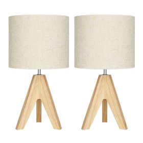 Set of 2 - Solid Wood Tripod Table Lamp with Beige Linen Drum Shade