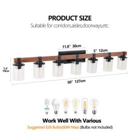 50in Rustic 7-Light Vanity Light, Industrial Bathroom Wall Sconce With Glass Shades And Wood Accent, Modern Farmhouse Lighting Fixture  No Bulbs (Option: Default)