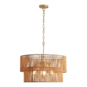 23.62in  Handwoven Woven Paper Rattan Chandelier, 2-Tier Boho Wabi-Sabi Pendant Light, Gold Metal Hanging Ceiling Lamp, Wicker Lighting Fixture F (Option: D23.62H10.2 in TO 62.36 in)